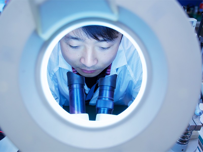 Scientist looking into a microscope in a lab
